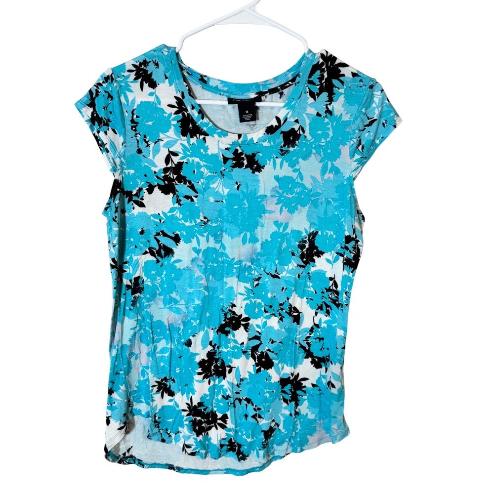 Nue Options Womens Turquoise Black Floral‎ Cap Sleeve Rayon Stretch Top Medium